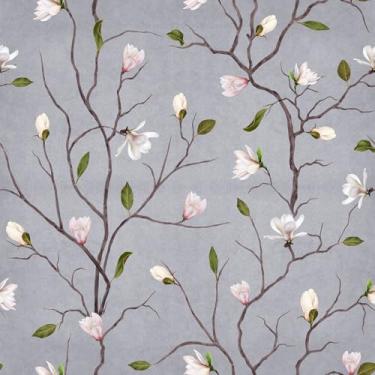 Imagem de VaryStyle Papel de parede vintage árvore de magnólia cinza/branco flor floral papel de parede para cozinha, fazenda, locatário, impermeável, vinil floral, papel de contato para gavetas 45 x 998 cm