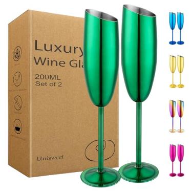 Imagem de UNISWEET Conjunto de 2 taças de champanhe, taças de champanhe de aço inoxidável para casamento e festa de aniversário, taça de champanhe inquebrável de boca inclinada de 200 ml com haste longa