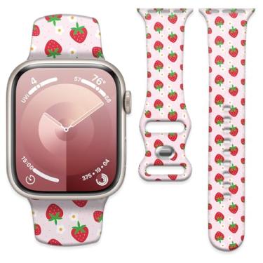 Imagem de Pulseira de relógio compatível com Apple Watch de 38 mm, 40 mm, 41 mm e 42 mm, pulseira de substituição com fecho clássico para Apple Watch Series SE 10, 9, 8, 7, 6 5 e Utral (flores de morango)