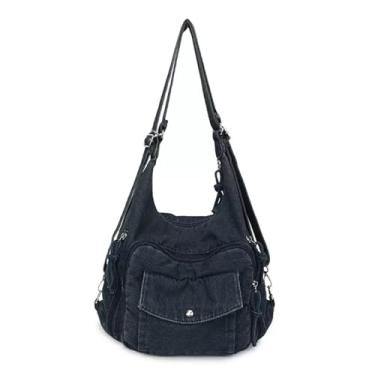 Imagem de WIGUYUN Bolsa feminina vintage jeans nostálgica bolsa de ombro bolsa casual alça superior, C - Azul escuro, One Size