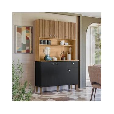 Imagem de Cozinha Compacta Kits Paraná Style 6 Portas 1 Gaveta Ripado Freijó Puxador Inox Pés Reguláveis