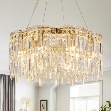 Imagem de PAFEE Iluminação De Cristal Teto 8 Luzes Ouro Sala De Jantar Lustre Grande Redondo Pendente Luz Para Cozinha Sala De Estar Quarto Entrada Foyer Latão E12