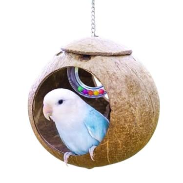 Imagem de Ninho de pássaro de casca de coco natural, esconderijo de coco com brinquedo interativo, gaiola de ninho de pássaro para animais de estimação, periquito, periquito, calopsitas conure, canário