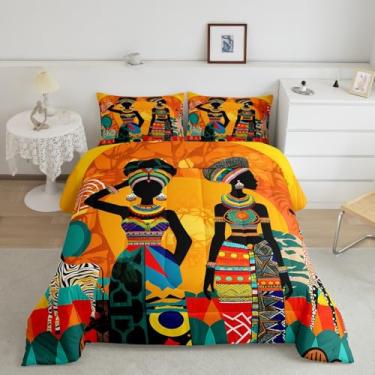 Imagem de Feelyou Conjunto de cama de casal para mulher negra, étnico, afro-africano, tradicional, exótico, tribal, acolchoado, conjunto de edredom com 2 fronhas