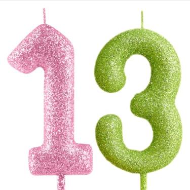 Imagem de Vela de aniversário de 13 anos, rosa, verde, glitter, número 13, velas românticas, decoração de bolo para meninas, meninos, mulheres, comemorações, artigos de festa