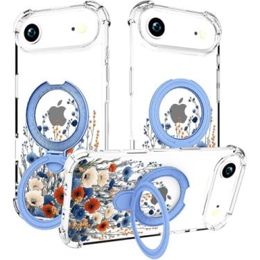 Imagem de CCFUNCASE Capa para iPhone 17 Air [Compatível com MagSafe] Suporte Transparente Bonito para Mulheres, Suporte Magnético Seguro Resistente Resistente Funda (Flores Azuis Selvagem)