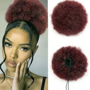 Imagem de Kinky Curly Afro Cabelo Humano Puff Rabo de Cavalo para Mulheres, Borgonha Curly Donut Chignon Wrap com Cordões e 2 Clipes Updo Hair Extensions Cor Preto Natural (20.3 cm/99J)