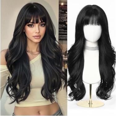 Imagem de Esmee Perucas pretas onduladas longas para mulheres com franja peruca sintética natural para uso diário e festa
