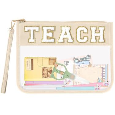 Imagem de Bolsa de maquiagem TEACH Chenille Letter Clear PVC para professores - 