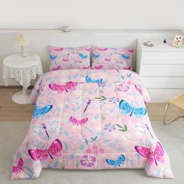 Imagem de Feelyou Jogo de cama solteiro com borboleta, borboletas, rosa, para jardim, floral, para quarto de crianças, meninos, meninas, decoração fofa, microfibra, ultramacia e respirável