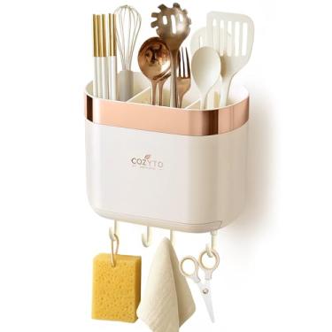 Imagem de COZYTO LuxTray U1-Pro – Organizador de cozinha montado na parede com ganchos, divisórias e bandeja de drenagem, adesivo sem broca, sem BPA – branco creme com detalhes em ouro rosa ou prata (branco