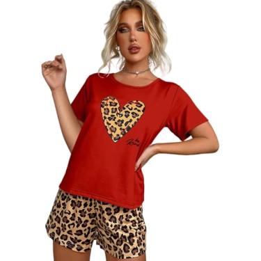 Imagem de Conjunto De Pijamas Para Mulheres Conjunto De Pijamas Femininos Estampa De Leopardo Pijamas Femininos Pulôver Com Estampa De Coração Solto Manga Curta Roupas Femininas De Cas, Red, L