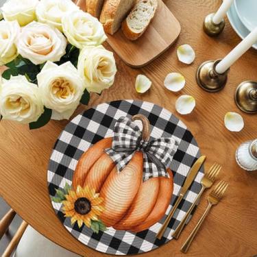 Imagem de Jogo americano Bow Pumpkin Fall Round Table Conjunto de 4 tapetes de mesa de fazenda, girassol, lavável, para mesas de jantar, decoração de festa, à prova de calor, 33 cm, xadrez búfalo preto e branco