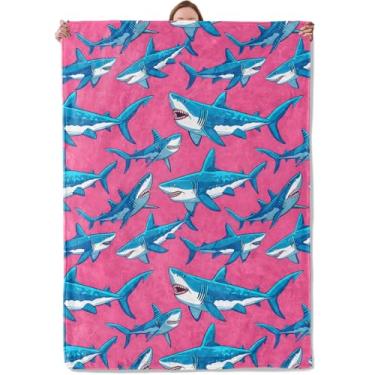 Imagem de Cobertor de tubarão presentes para mulheres meninas crianças, macio e quente flanela azul oceano tubarão cobertor para quarto sala de estar casa sofá decoração de casa 127 cm x 152 cm