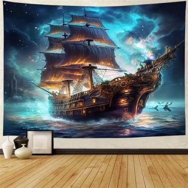 Imagem de FENDROM Tapeçaria náutica decoração fantasma veleiro arte de parede fantasia cenário do oceano navio pirata náutico onda vela lua tapeçaria decoração quarto sala de estar dormitório