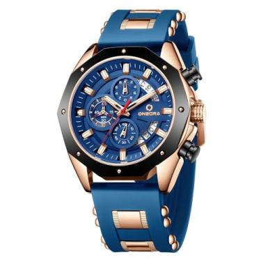 Imagem de Relógio Masculino | Pulseira de Silicone Azul Detalhes Rose Gold | Cronógrafo Multifuncional | Relógio de Pulso Casual Elegante
