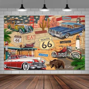 Imagem de Cenário temático vintage Route 66, fundo histórico de fotografia de posto de gasolina dos EUA, mapa de estrada, motel, motocicleta, carros clássicos, cenário de rodovia americana, tema histórico