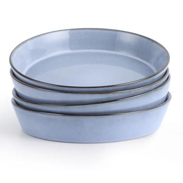 Imagem de Herogo Conjunto de 4 tigelas de pratos de massa, conjuntos de pratos de grés de 1000 ml, tigelas de sopa grandes de cerâmica para servir, seguro para micro-ondas e lava-louças, azul embaçado