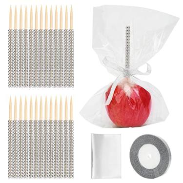 Imagem de 24 pçs Candy Apple Bamboo Sticks, Anglecai Rhinestone Caramelo Apple Sticks com 24 peças de sacos de vidro e fita de glitter prata de 25 jardas, Bastões de bling para DIY Crispy Treat (Prata)