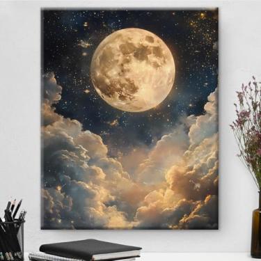 Imagem de Aesthetic Celestial Moon Wall Art Decor Night Sky Moon Dark Academia Canvas Print Poster Quadro emoldurado para decoração de parede de sala de estar quarto 20 x 25 centímetros