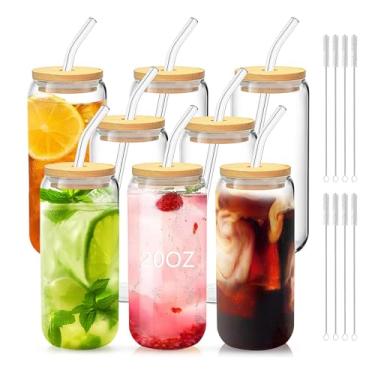 Imagem de DAMCONME Copos de vidro com tampas e canudos, conjunto de copos de café gelado de 227 – 590 ml para reuniões de família, festas de fim de ano e bebidas diárias – Copos prontos para presente para