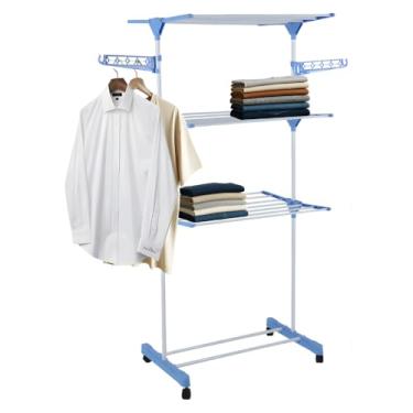 Imagem de Varal de Chão Grande 3 Andares Dobrável 170cm Com Rodinhas, Suporte para Cabides, Multiuso, Compacto e Resistente para Roupas Ternos Camisetas Calças Shorts Blusa Roupa Intima - Linha Premium.