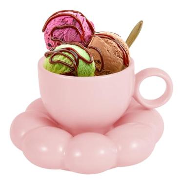 Imagem de Caneca de café de cerâmica, copo de sorvete com pires, conjunto de 200 ml, xícara de café de cerâmica com pires e colher de girassol, lindo conjunto de xícara de chá de cerâmica e pires para