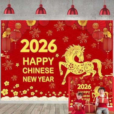 Imagem de XCKALI Cenário de Ano Novo Chinês 2026 Ano do Cavalo Fundo Fotográfico Festival de Primavera Jardim Familiar Decoração de Festa ao Ar Livre (2,4 x 1,8 m)