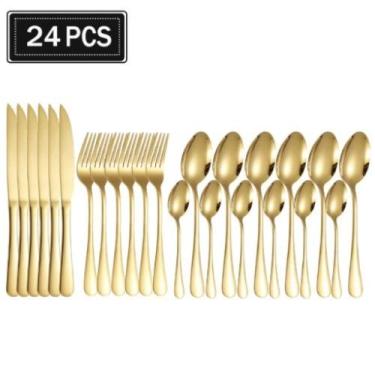 Imagem de Jogo De 24 Talheres Mesa Posta Dourado Luxo em Aço Inox - NEW