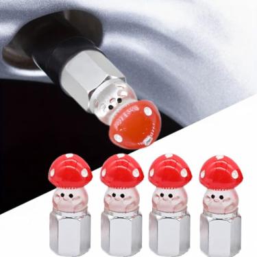 Imagem de Xalvoria Pacote com 4 tampas de haste de válvula de pneu de cogumelo feitas à mão para válvulas Schrader, design vermelho e branco colorido, acessório fofo para carro e bicicleta, presente exclusivo