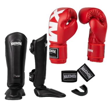 Imagem de Kit Luva de Boxe Vermelho + Caneleira Muay Thai Classic Preto + Bandagem + Protetor Bucal - Maximum Boxing (LUVA 14oz + CANELEIRA G)