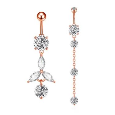 Imagem de Niaspi Anel feminino de aço cirúrgico 14G CZ com corrente de umbigo pendurada, 2 peças, zircônia cúbica cintilante, franja, umbigo, piercing de umbigo, joia de 9,5 cm (ouro rosa)