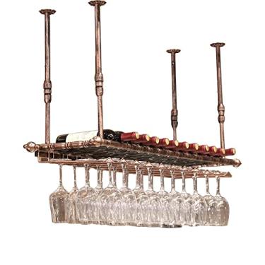 Imagem de Prateleiras de vinho vintage com suporte para copos de vinho pendurado, prateleira de armazenamento de taças de champanhe, prateleiras de exibição de ferro de teto, prateleiras de garrafa de vinho