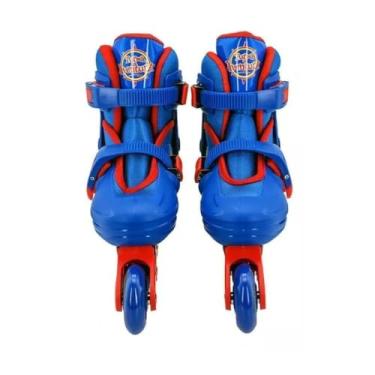 Imagem de Kit Patins Infantil Ajustável 2 em 1 com Capacete e Proteções, Tamanho 30-33, Azul, Inline e Triline, para Crianças acima de 3 Anos