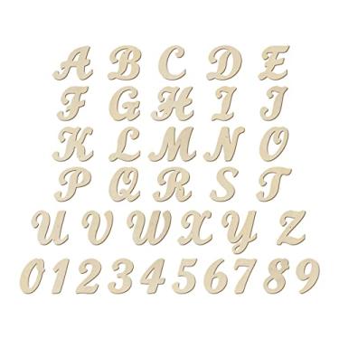 Imagem de 10 cm, 138 peças, letras e números de madeira, alfabetos de madeira inacabados, fonte cursiva para artesanato DIY