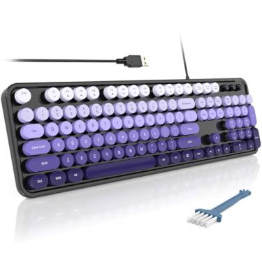 Imagem de MOFII Teclados de computador com fio, teclado de máquina de escrever USB tamanho completo, bonito teclado estético colorido com suportes dobráveis para Windows PC e laptop (preto e roxo)