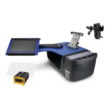 Imagem de AutoExec Alcance o banco traseiro da mesa para a estação de trabalho do seu veículo e escritório móvel, azul, com inversor de potência de 400 watts, suporte para tablet e clipe de ventilação do