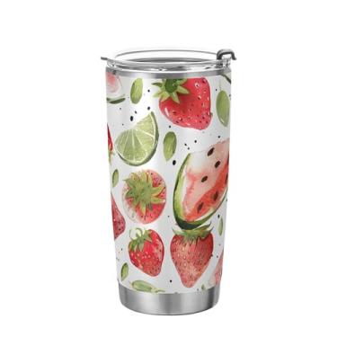 Imagem de xigua Copo de melancia em aquarela com tampa de palha, caneca de viagem a vácuo de parede dupla, caneca de café bem isolada, copo de aço inoxidável para bebidas quentes e frias, 600 ml