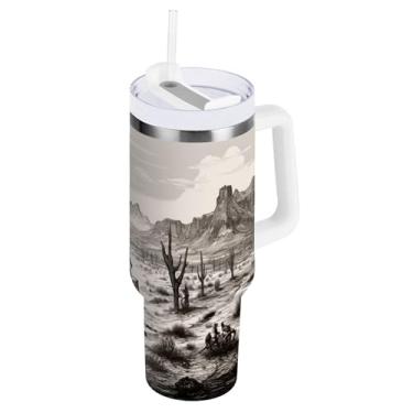 Imagem de xigua Copo vintage Western Cowboy de 1,134 g com tampa e canudo, aço inoxidável de vácuo duplo isolado garrafa de água esportiva suporte para copo de café de viagem à prova de vazamento para bebida