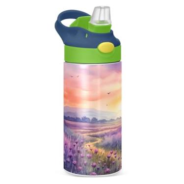 Imagem de Blueangle Garrafa de água isolada de aço inoxidável de 340 g por do sol em um campo roxo com tampa de canudo - Garrafa esportiva reutilizável à prova de vazamento para viagens, ao ar livre #793