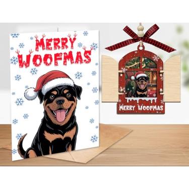 Imagem de CoCray66 Merry Woofmas Conjunto de enfeite de janela de madeira e cartão, enfeite de Natal de madeira para cachorro Rottweiler, enfeite de madeira de 3 camadas, presente para amantes de animais de