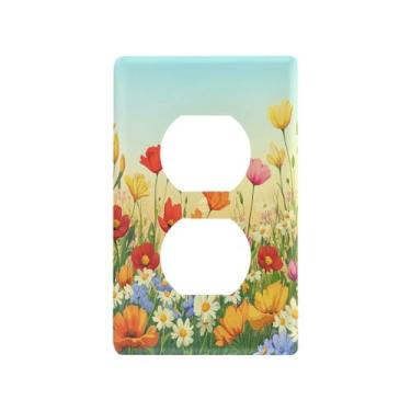 Imagem de Blueangle Placa de parede de saída dupla de flores coloridas, tamanho padrão, placas de cobertura de tomada elétrica de 1 gangue para decoração de quarto de escritório em casa, 4,53 x 2,76 polegadas