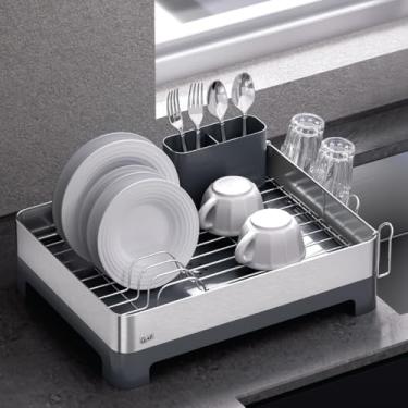 Imagem de Glad Escorredor de pratos de aço inoxidável - Escorredor de pratos grande com suporte removível para talheres - Rack de metal resistente à ferrugem com bico de drenagem ajustável para bancadas de