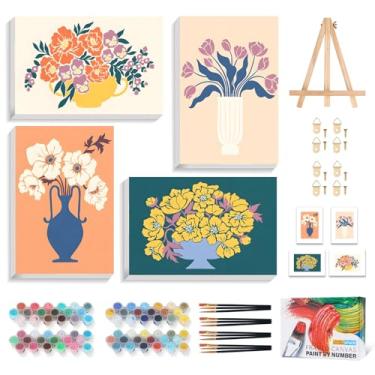 Imagem de Kit de pintura por números para adultos com moldura de flores, pintura emoldurada por número para adultos iniciantes com cavalete de madeira, vaso floral, pintura por números, tela emoldurada para