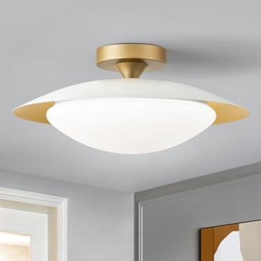 Imagem de Luz de teto regulável moderna de meados do século, luz de teto de LED branco e dourado, luminária de teto 5CCT 2700K-6000K com persiana acrílica para quarto, cozinha, sala de estar, 40 cm
