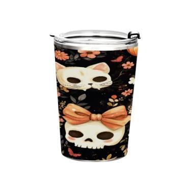 Imagem de STAYTOP Copo de aço inoxidável de caveira de açúcar de Halloween 368 g, copo de café isolado com tampa e canudo, caneca de café de viagem de parede dupla para bebidas quentes e frias