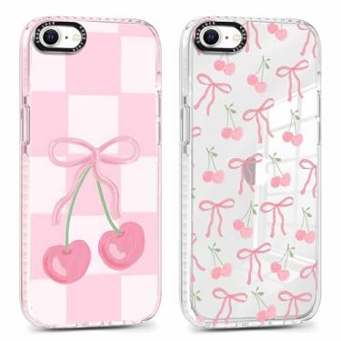 Imagem de RUMDEY Pacote com 2 capas de telefone fofas com laço de coquete para iPhone 16e de 6,1 polegadas, estampa quadriculada de fita de cereja rosa estética transparente design de impressão feminina e fina