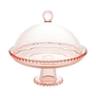 Imagem de Prato de Cristal C/Pé e Tampa Para Bolo/Doces Pearl Bolinha Rosa 20x18cm Wolff