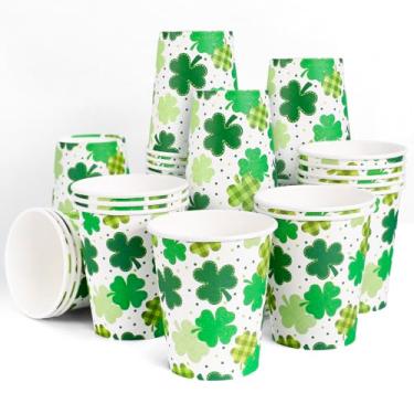 Imagem de JarThenaAMCS Copos de papel de Dia de São Patrício Copos de lembrancinha de festa 255 g verde xadrez ponto trevo da sorte copo descartável para suprimentos de festa de férias irlandesas, 50 peças