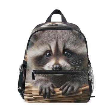 Imagem de Cute Raccoon Animal Print Simple Modern Kids Backpack with Whistle, 2 Bottle Pockets, Lightweight, Baby Backpack for Daycare 10x4x12 In, for Ages 3-8